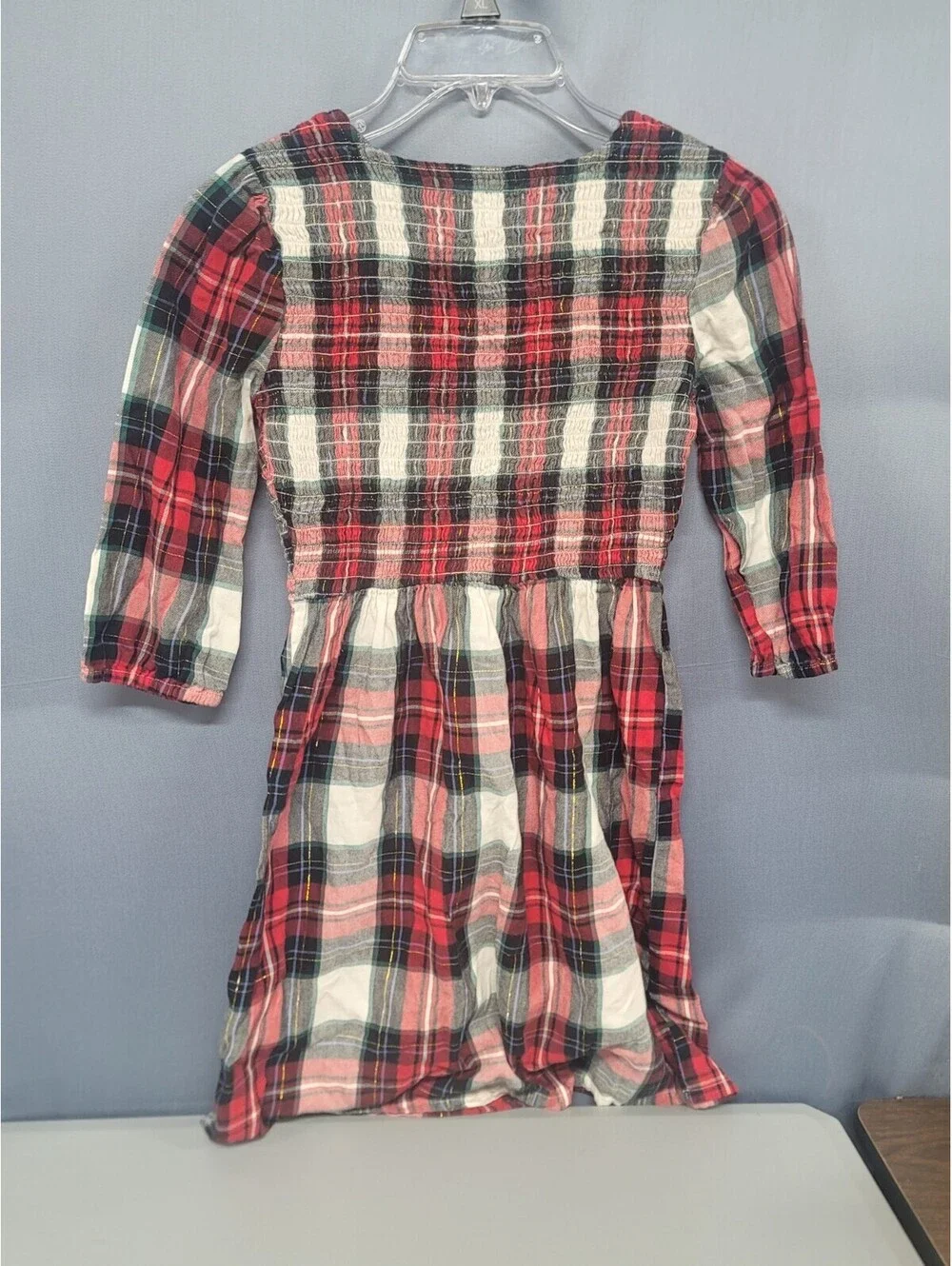 Old Navy Girl’s Red White Black Green Plaid Smocked Long Sleeve Dress 14/16